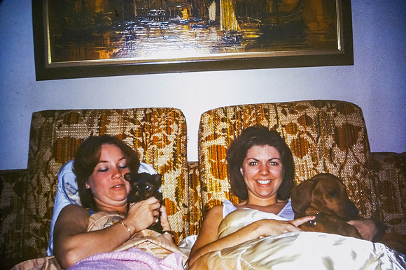 LEIGH AND GWEN WITH PUPPIES 1978