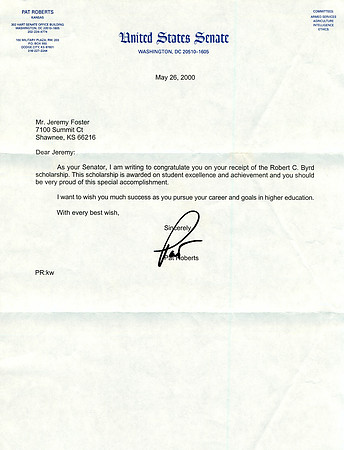 JEREMY LETTER FROM SENATOR PAT ROBERTS